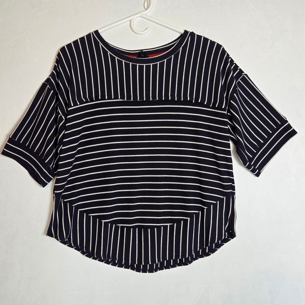 Anthropologie W5 Navy White Striped Ribbed Knit Top Boxy Preppy Nautical Coastal